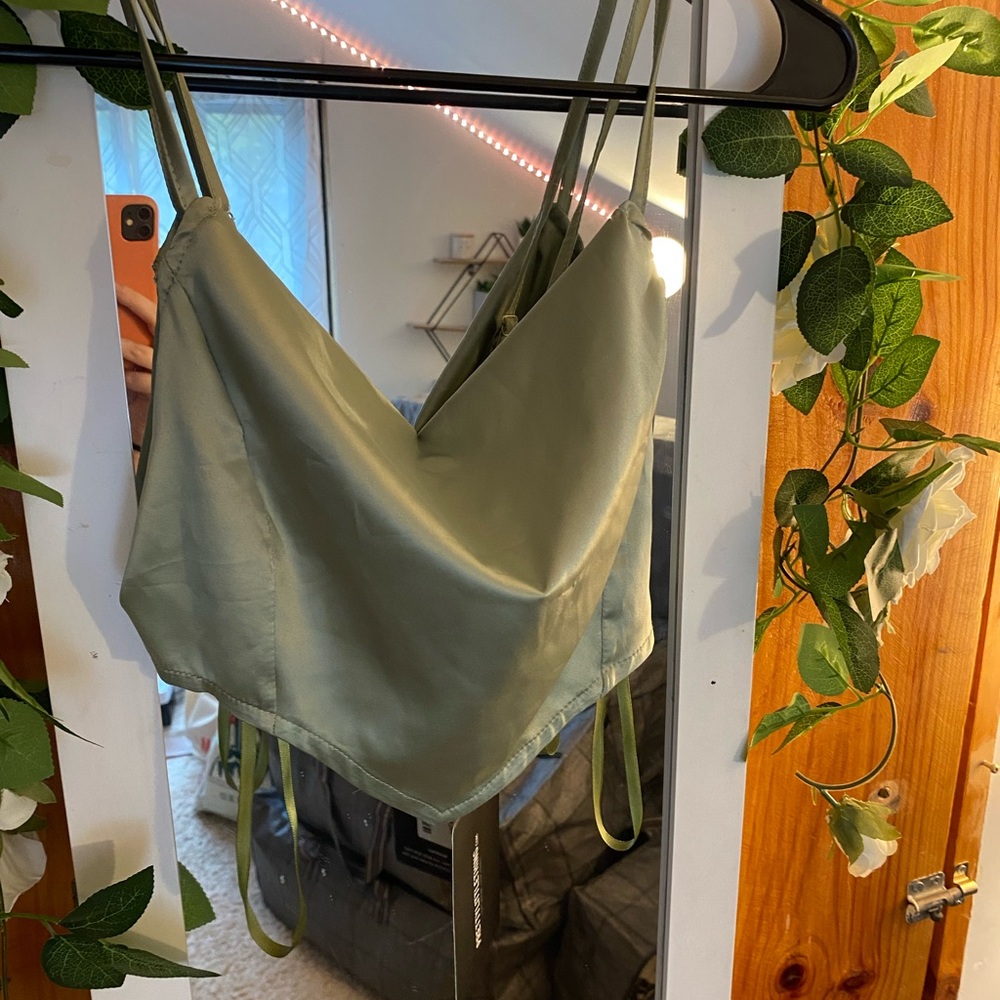 Pretty Little Thing Sage satin cowl neck cropped tank.
